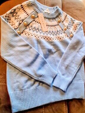 NWT Ladies Sweater, Pastel Blue, White Sz S